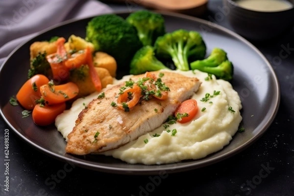 Fototapeta Escalope de Dinde served with mashed potatoes and steamed vegetables