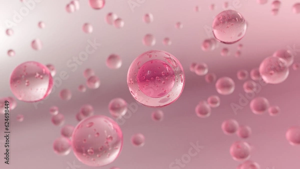 Fototapeta 3D cosmetic rendering of Pink Bubbles of serum on a blurry background. Design of collagen bubbles. Essentials of Moisturizing and Serum Concept. Concept of vitamins for beauty and health care.