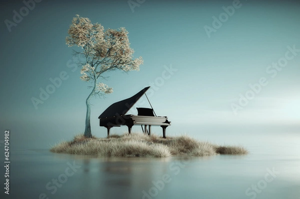 Fototapeta Piano on a piece of land in the water . Peaceful and silence concept.