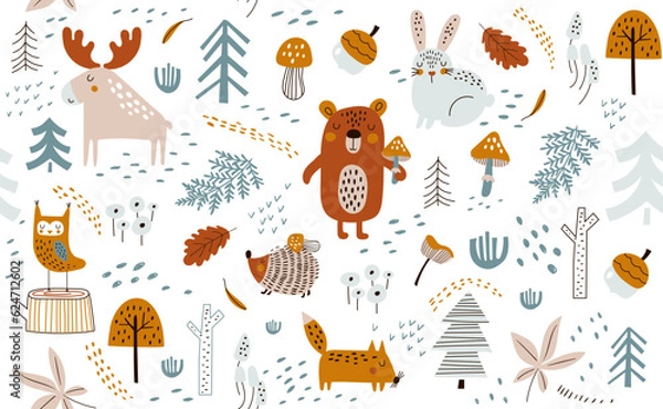 Fototapeta Vector seamless pattern with hand drawn wild forest animals,