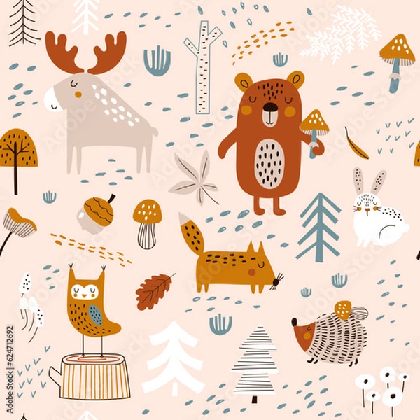 Fototapeta Vector seamless pattern with hand drawn wild forest animals,
