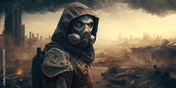 Fototapeta Survivor explores a city destroyed by nuclear war. Realistic digital illustration. Fantastic Background. Concept Art. CG Artwork. Generative AI.