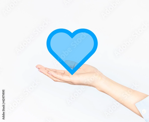 Fototapeta Woman hand palm facing upwards.Global internet connection technology.Business,digital marketing ,finance and banking,digital link technology, heart .AI controls technology futuristic,people and world