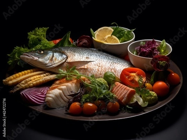 Fototapeta Matelote with a variety of fish, vegetables, and sauce displayed on a white plate