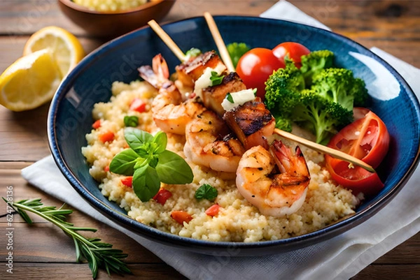 Fototapeta  a coastal-inspired shrimp meal , succulent grilled shrimp skewers served on a bed of quinoa pilaf, accompanied by a fresh citrus salad and a tangy lemon garlic aioli | Generative AI