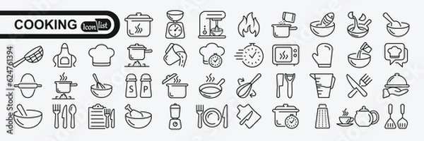 Obraz  Cooking and kitchen line icon collection. Cooking book, frying time, hot pan. vector illustration.
