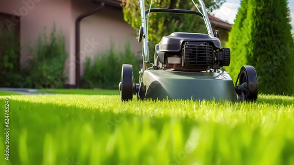 Fototapeta Lawn mower cutting grass in garden. Generative ai design.