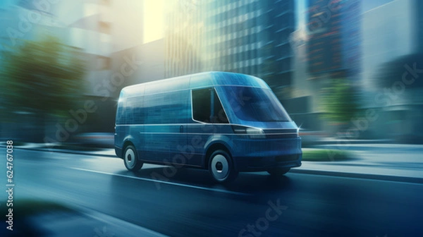 Fototapeta  A self-driving delivery van navigating through a suburban neighborhood, showcasing the technology behind autonomous vehicles.Future driving Background