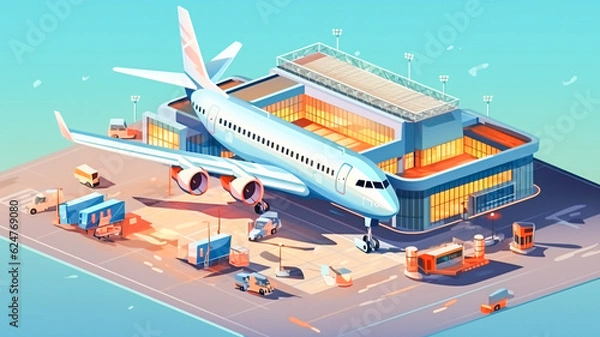 Fototapeta Close-up of Plane on Runway with Building in Background - Generative AI