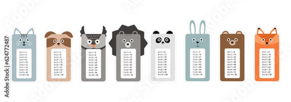 Fototapeta Vector multiplication table. Bookmarks or stickers with cute animals (car, dog, owl, hedgehog, panda, rabbit, bear, fox)