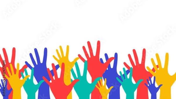 Fototapeta Vector illustration with colorful hands. Poster with human hands raised up. Hands of different colors on a white background. Vote. Palms, fingers, hands.