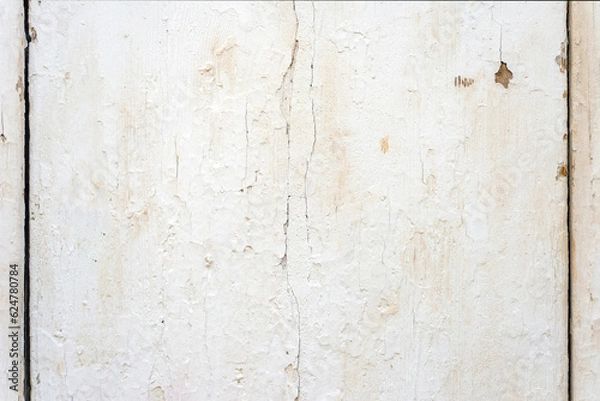Fototapeta Close up photo of a wooden plank covered with white old cracked paint. Abstract background