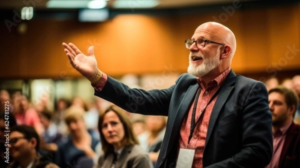 Fototapeta "Conference Success": An impactful photograph capturing the energy and professionalism of a conference or event, featuring a confident speaker engaging with an attentive audience.