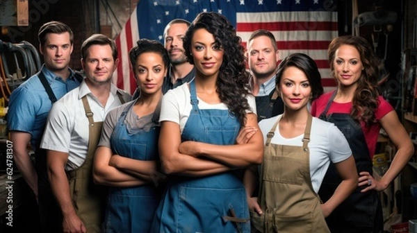 Fototapeta Group of diverse professionals wearing work uniforms and holding tools, showcasing the diversity and importance of different labor industries on Labor Day