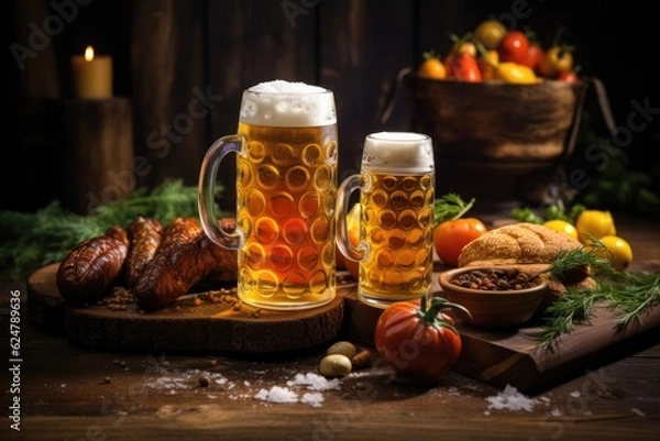 Fototapeta A mug of cold beer, a board with Bavarian sausages and snacks on a wooden background. Celebrating Oktoberfest.  Generative AI