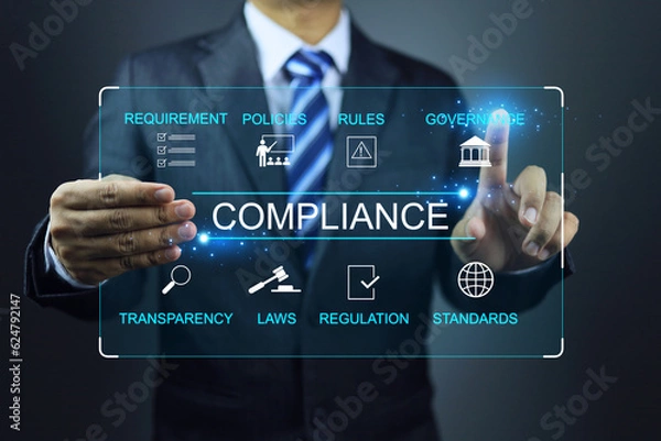 Fototapeta Virtual screen compliance graphic applied to governance in each destination. Concept of legal certification of different countries or procedures for import and export of goods.