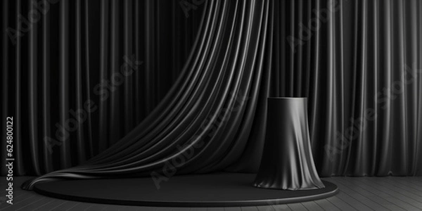 Fototapeta Black product background room and podium stand on dark curtain scene display with luxury fabric backdrops