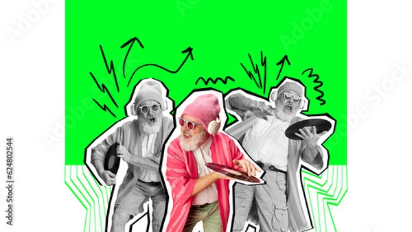 Fototapeta Contemporary art collage. Cheerful, joyful senior man in modern clothes dancing, playing on vinyl record player. Dj. Concept of international day of older persons, care, age, October 1. Poster, ad