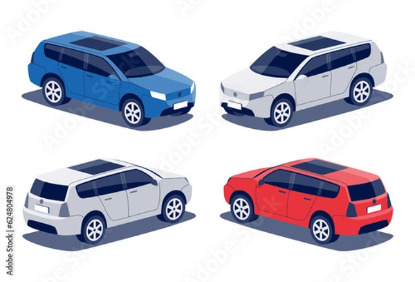 Fototapeta Modern passenger suv car. Mid size sport utility hatchback business vehicle, family car, crossover off-road. Isolated vector red and blue object icons on white background in isometric dimetric style.