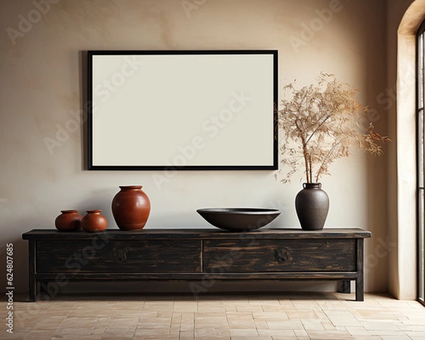 Fototapeta empty frame mockup in beige interior room with pottery vase sideboard and wooden floor in style of vintage. living room with photo frame and sunlight