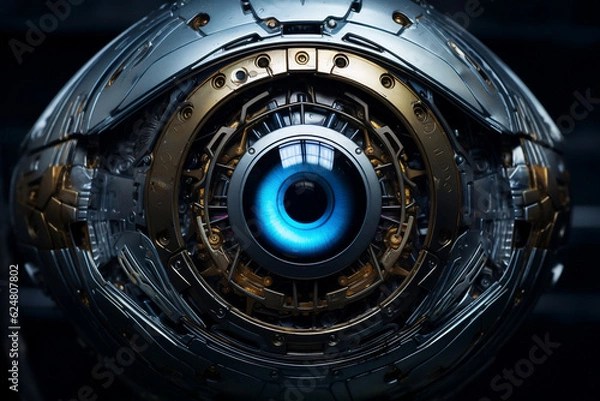 Fototapeta Eye pupil of a robot, cybernetic eye. Futuristic eye of a robot. AI. Human android cyborg eye futuristic control protection personal internet security access