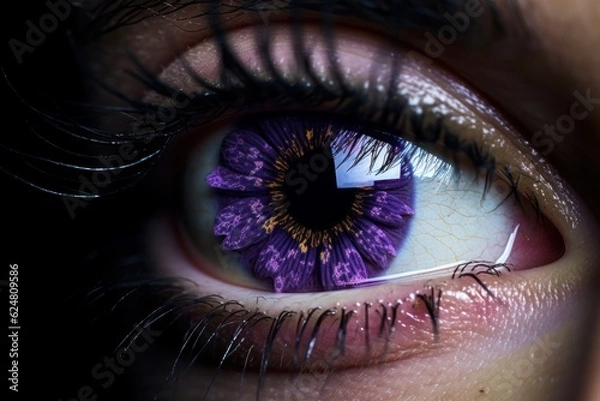 Fototapeta Anuta eyes, a violet flower, on a black background. Enchanting beauty in close-up. Generative Ai