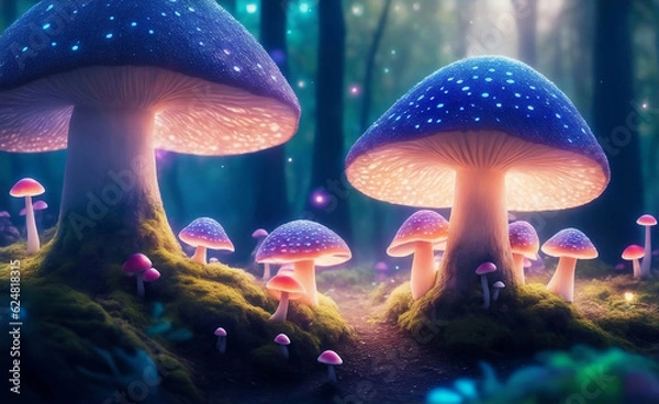 Fototapeta A magical forest with mushrooms, Generative AI Illustration.