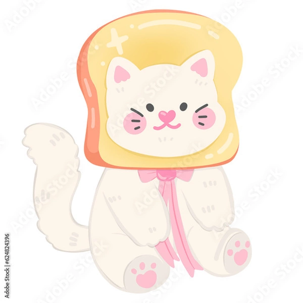 Fototapeta White cat sitting on the floor with a beard on her head, so cute 