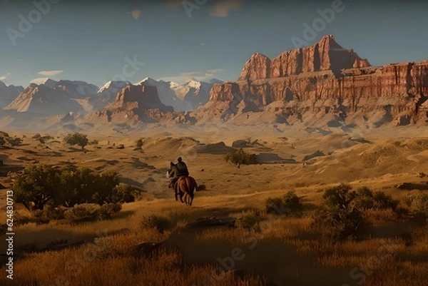Fototapeta sundrise with a horse in the mountains