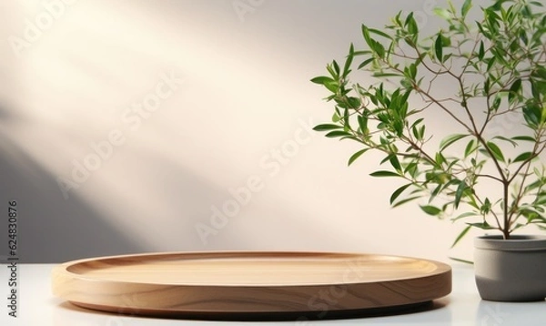Fototapeta Wooden round tray podium with blurry leaves shadow on green background. Product display background concept