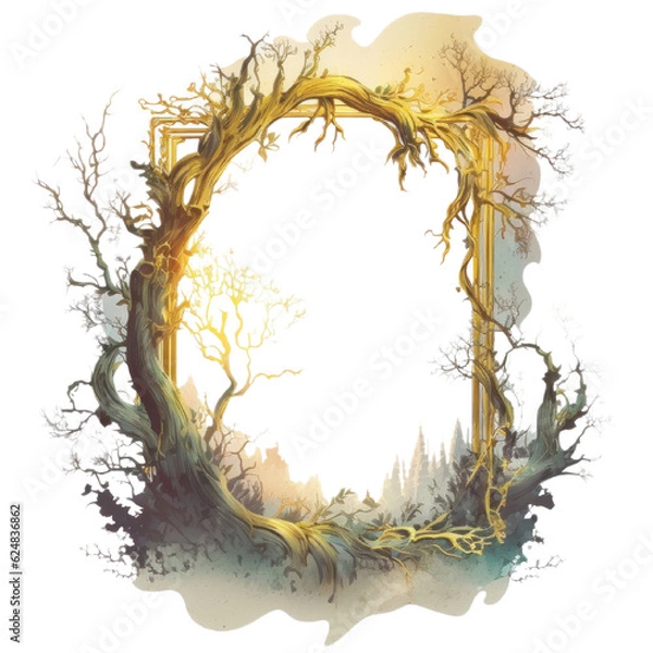 Fototapeta Magic forest gold frame with trees and brunches, wooden frame watercolor illustration isolated with a transparent background, enchanted forest fantasy design created with Generative AI