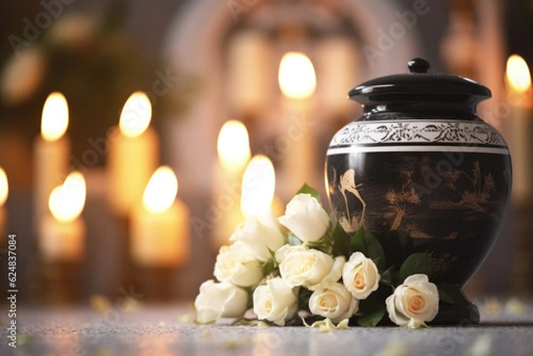 Fototapeta White roses and a black cremation urn with burning candles. Generative AI