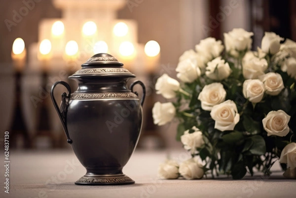 Obraz White roses and a black cremation urn with burning candles. Generative AI