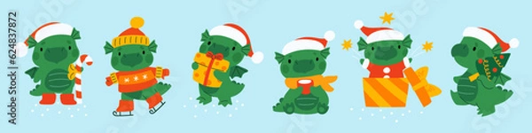 Fototapeta Śliczna postać zielonego smoka. Kreskówka Little Dino w czapce Santa. Maskotka noworoczna z prezentami. Chiński symbol horoskopu. Obecne pudełko i drzewo Xmas. Azjatyckie narciarstwo zwierząt. Jaskrawe zbiór wektorów