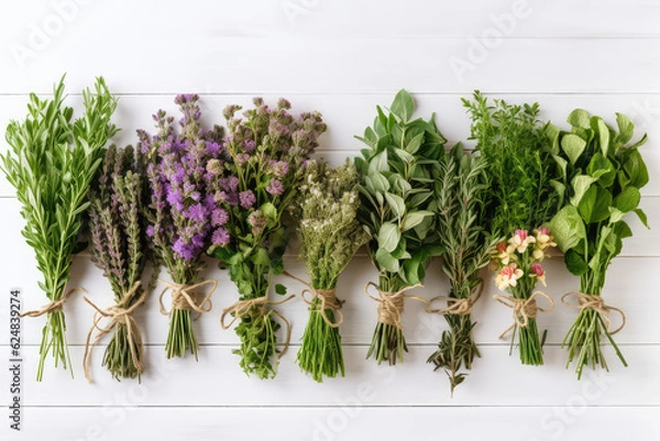 Fototapeta Top view of healing herbs and flowers with leaves in bunches lying on a white wooden vintage surface with copy space. Creative concept for herbal healing, alternative medicine and natural supplements.