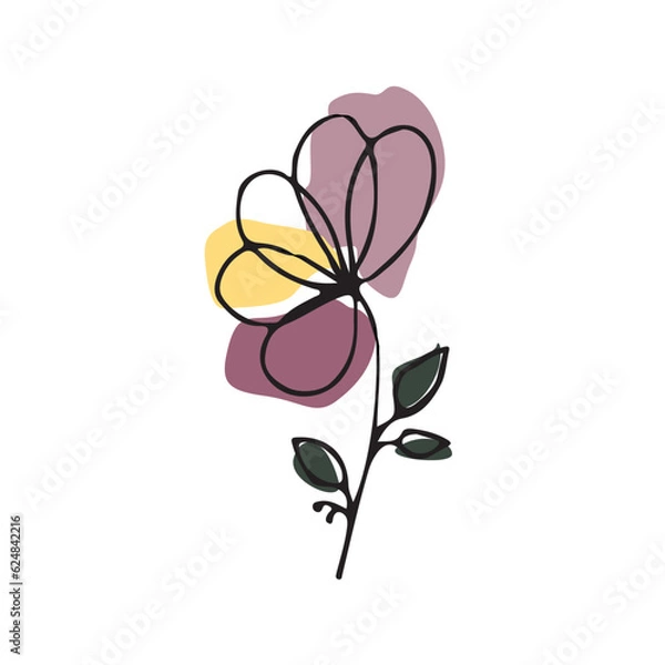 Fototapeta Vector illustration. Flower in black outline in puff drawing style with colored graphic elements