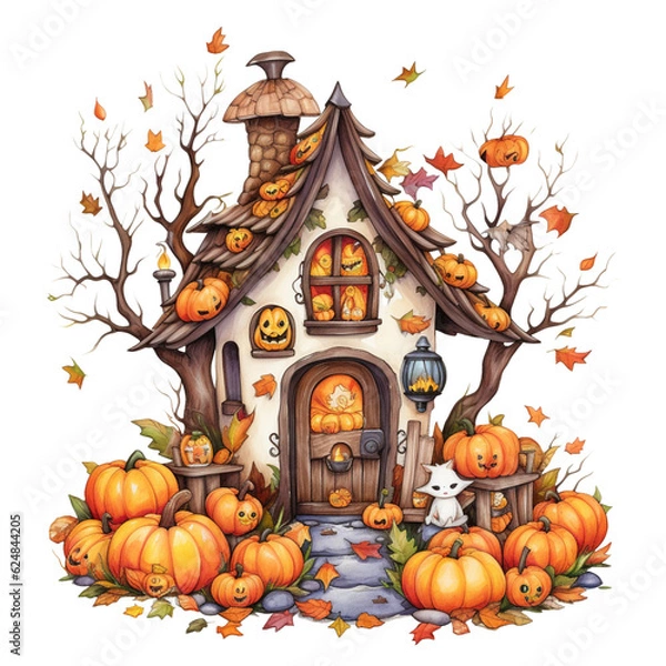 Fototapeta halloween pumpkin halloween pumpkin with castle and house. vector illustration isolated on white Background