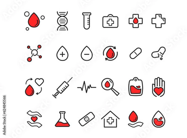 Fototapeta Set of medical icons showing medical and laboratory research, hypodermic injections, cardiology, blood circulation, DNA and diagrams, vector line drawings
