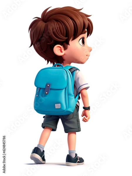 Fototapeta Cute boy with backpack walking to the school isolated on white background. back to school concept. 3D AI generated illustration