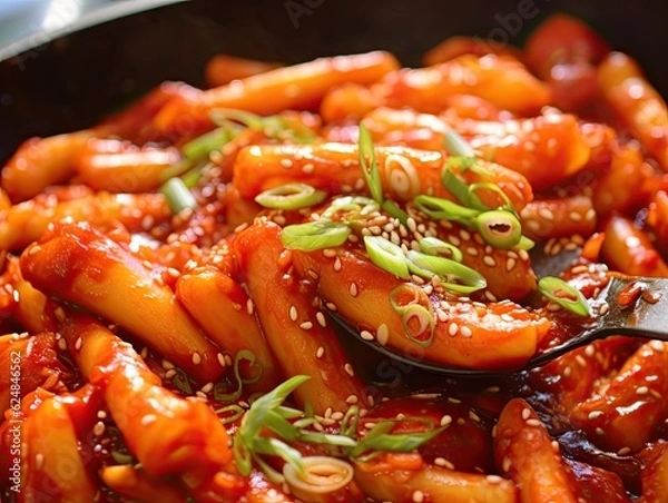 Fototapeta Top view flat lay shot of rabokki, tkeokbokki or topokki with ramen, a Korean street food spicy rice cakes in red pepper gochujang sauce and sesame seed. Generative AI.