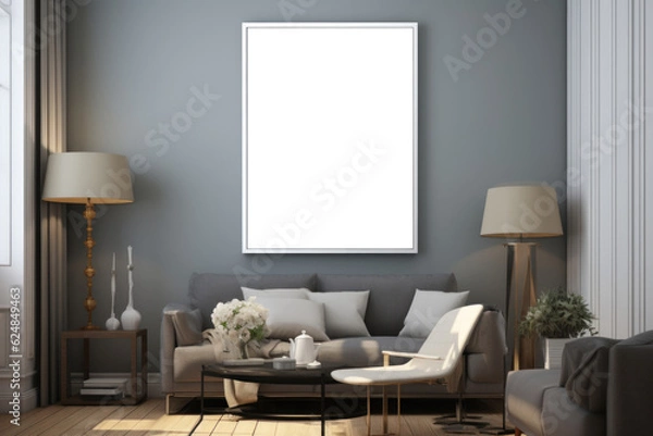Fototapeta Blank horizontal poster frame mock up in living room interior, modern living room interior background. Generative AI