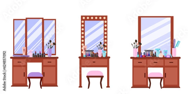 Fototapeta Set of Dressing tables with mirror and stool in a modern style. Cosmetics, jewelry box, makeup brushes, perfume and a com on the table. Vector illustration in cartoon flat style