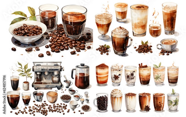 Fototapeta Coffee Watercolor on white background. Watercolor painting daily routine objects. Hand drawn colorful Sublimation design