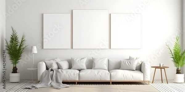 Fototapeta Blank horizontal poster frame mock up in minimal white style living room interior, modern living room interior background