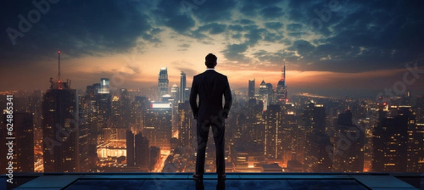 Fototapeta Confident businessman standing on the building rooftop while looking at the silhouette of cityscape at
