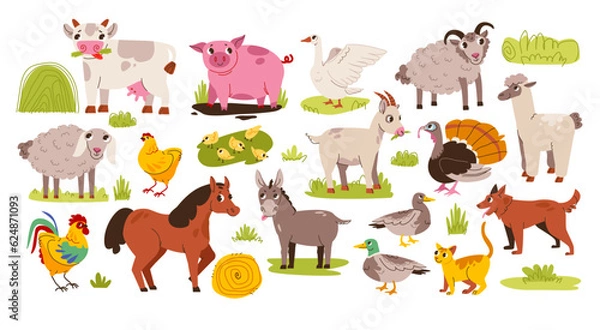 Fototapeta Cute farm animals set. A variety of funny farm animals in a cartoon flat style. Hand drawn colored trendy Vector illustrations. 
