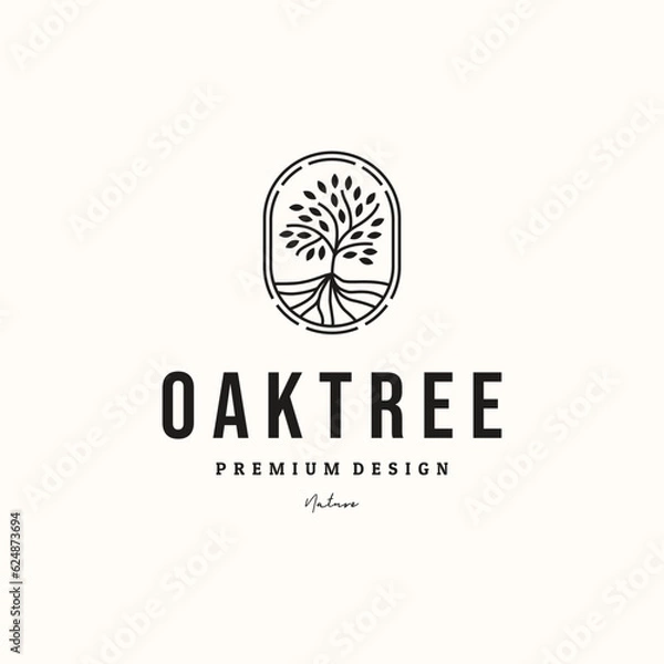 Fototapeta nature oak tree line art logo vector minimalist illustration design, evergreen oak tree style logo design