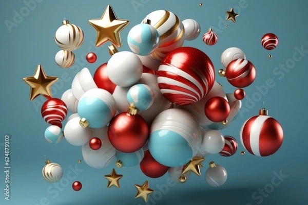 Obraz 3d rendering of christmas baubles and stars in blue background