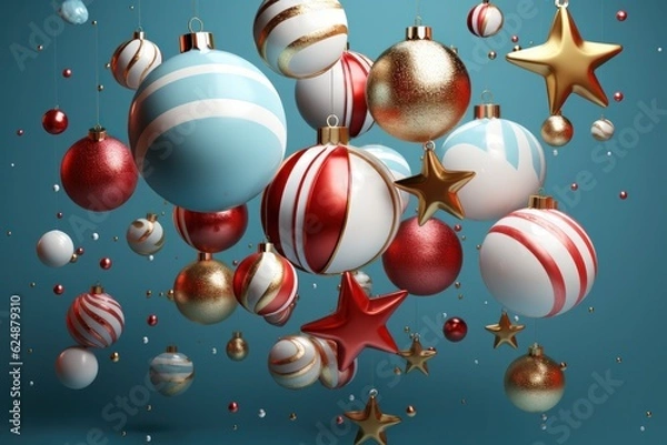 Fototapeta 3d render of christmas baubles on blue background.
