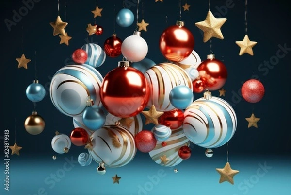 Obraz Christmas baubles and stars on blue background. 3D rendering